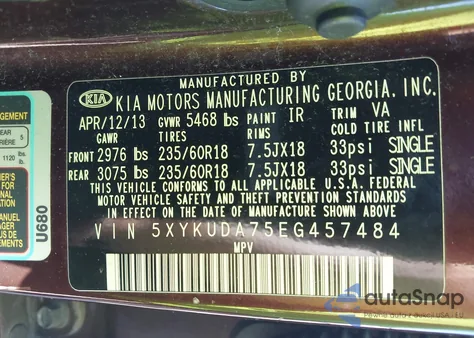 2014 Kia Sorento Ex V6 z USA, uszkodzony, nr VIN 5XYKUDA75EG457484